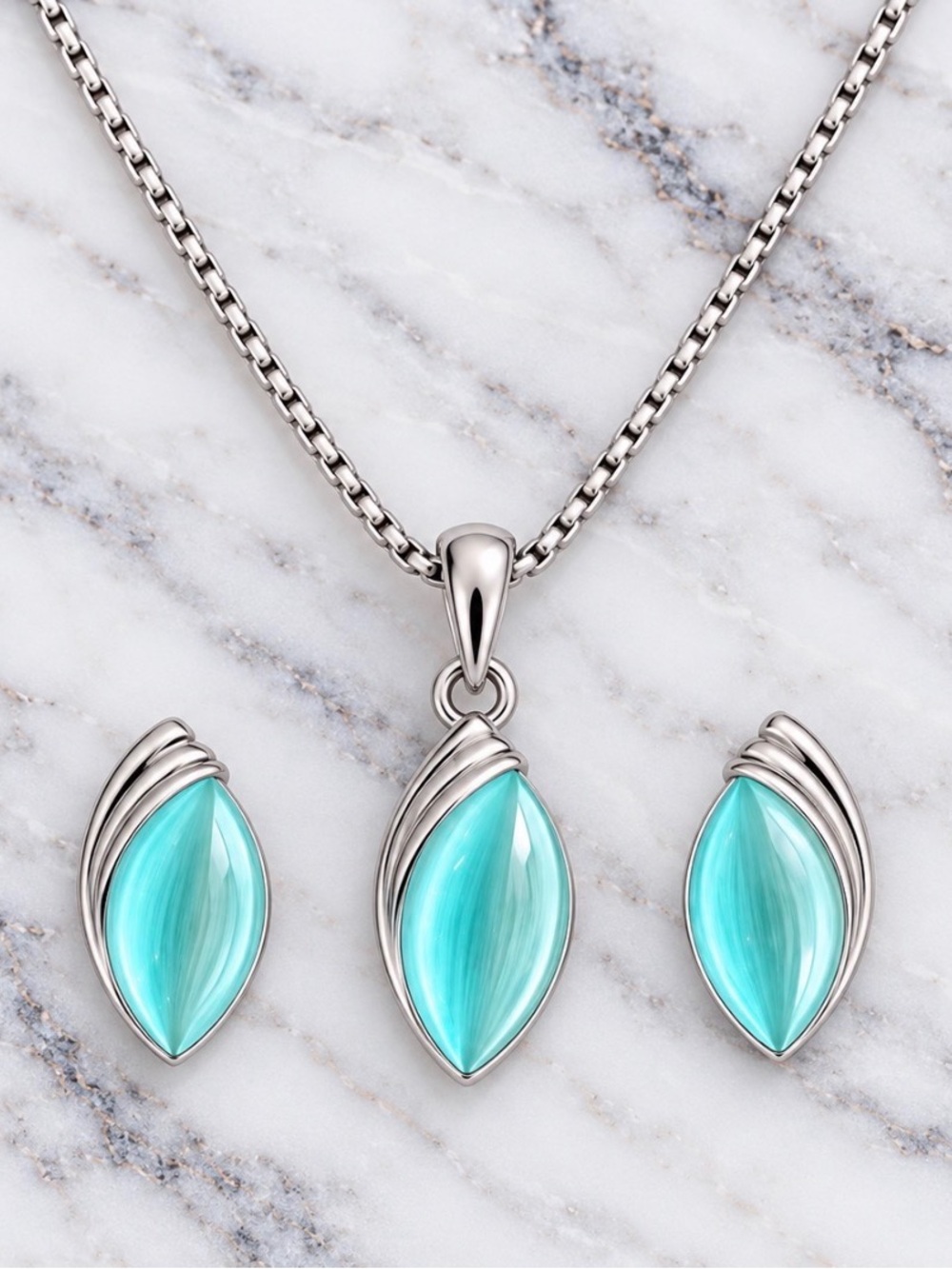 Silver-Tone Mint Green Marquise Pendant & Earring Set